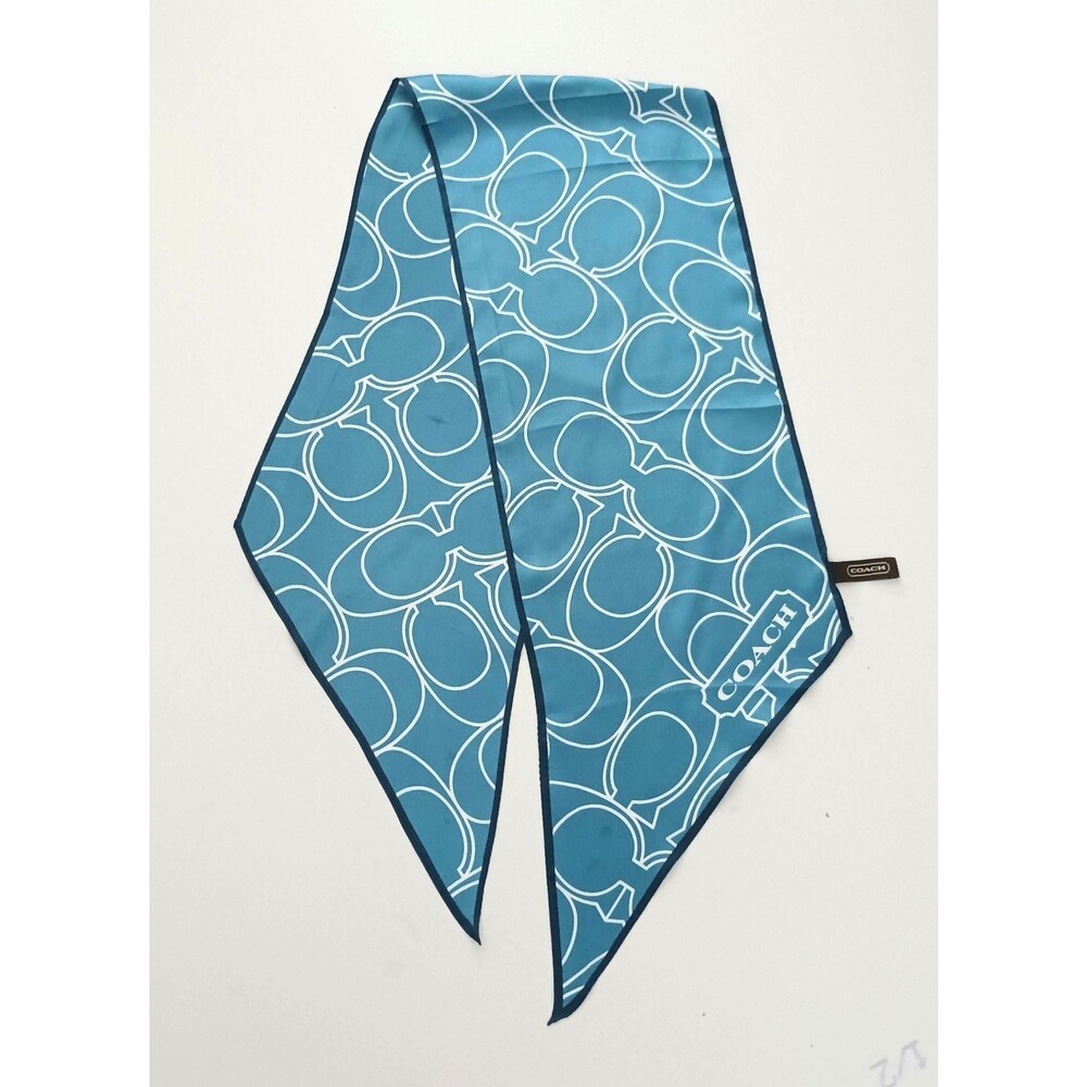 Coach 100% Silk Scarf  C Logo Cornflower Blue Print Pointed Ribbon Edge